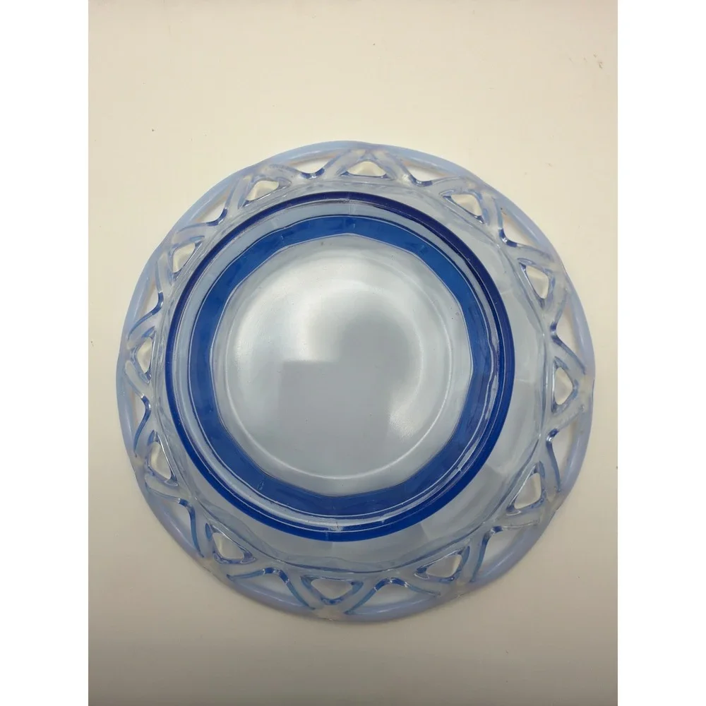 Vintage Blue Opalescent Glass Lattice Lace Edge Footed Bowl 7 Inch